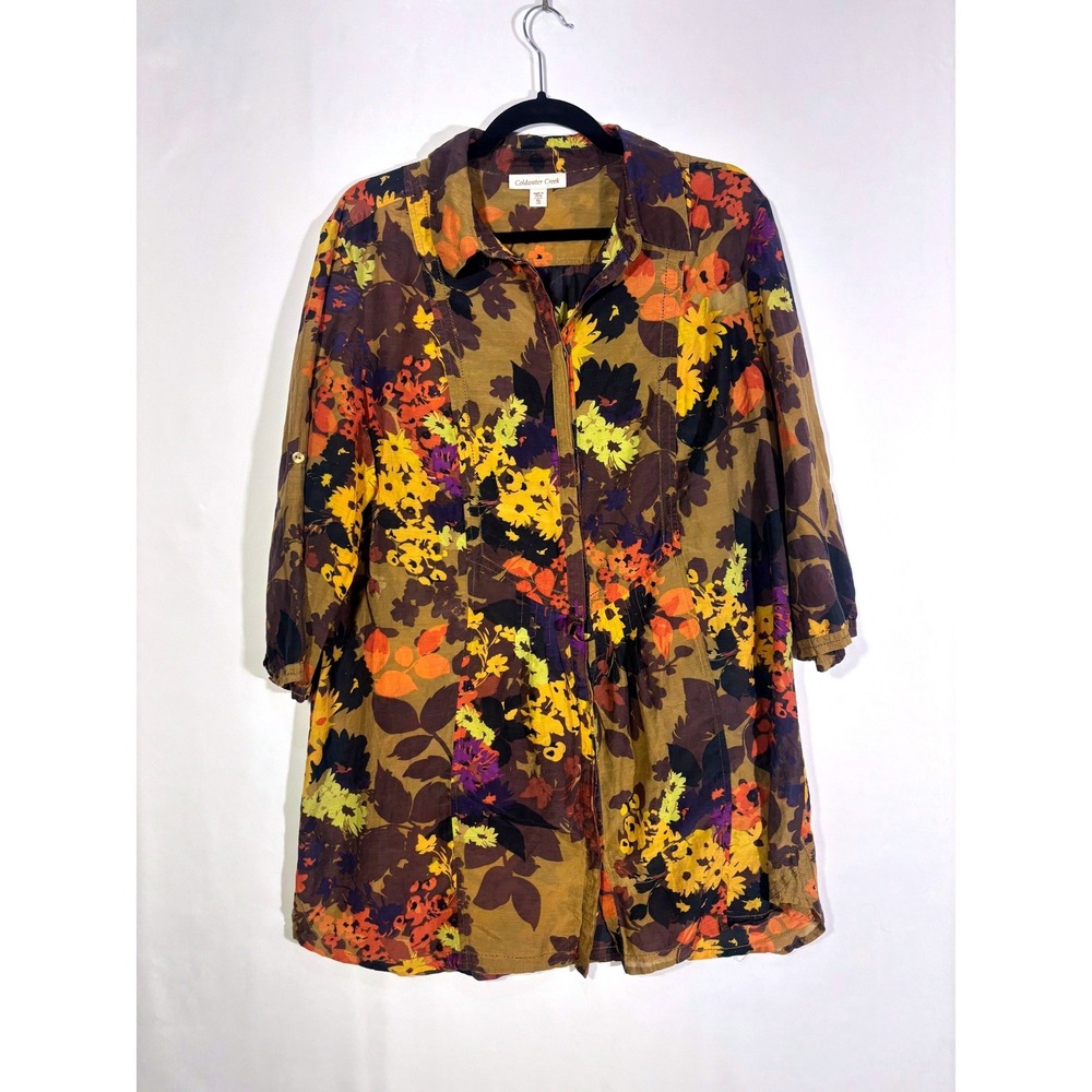 Chic Boho Floral Coldwater Creek Button Up Tunic Women XL Brown Orange Yellow